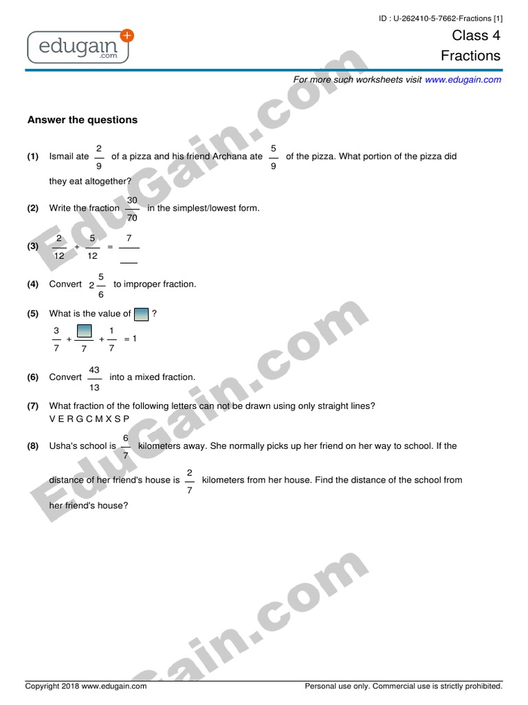 Class 4 Fractions: Answer The Questions | PDF | Fraction (Mathematics ...