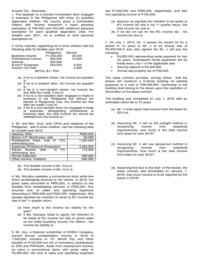 2020 Tax Return Practice Scenarios | PDF | Income Tax | Lease