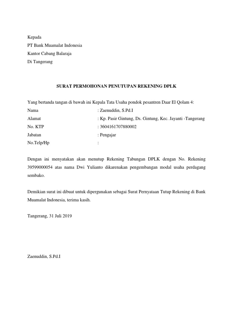 327409911 Surat Permohonan Penutupan Rekening Bank Perusahaan Docx