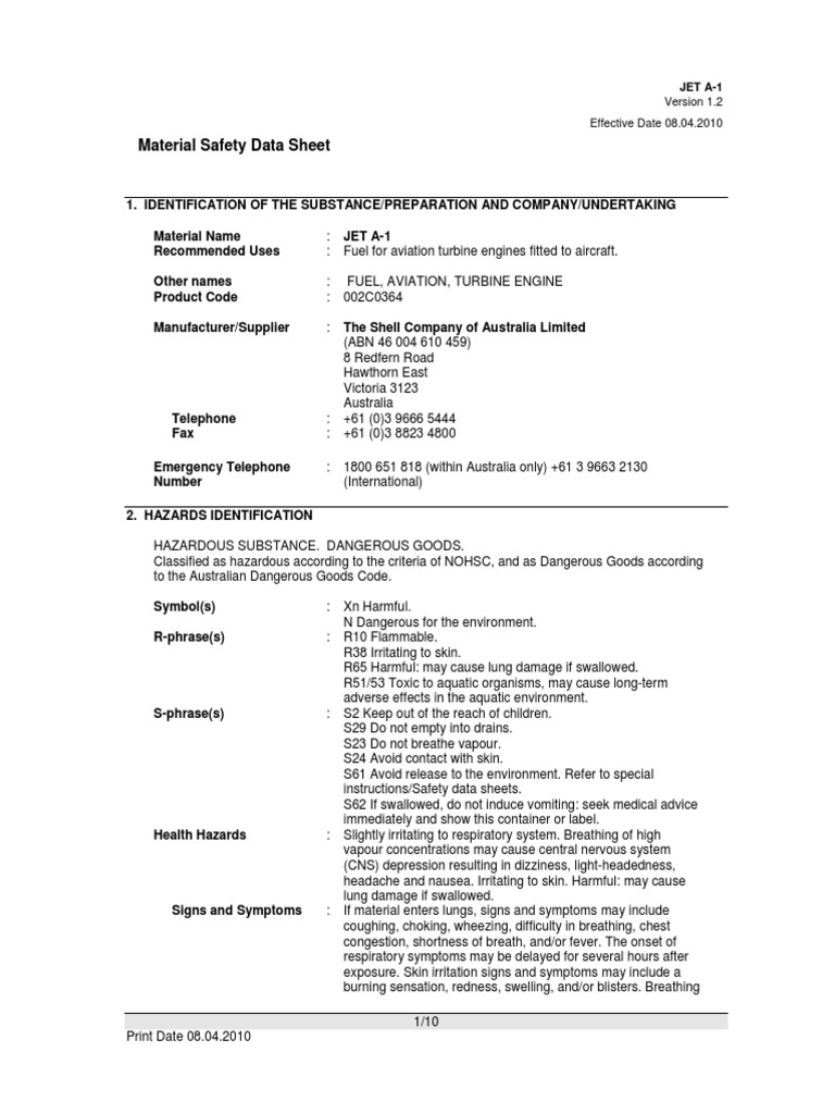JetA1 MSDS The Shell Company of Australia Limited 2010 PDF
