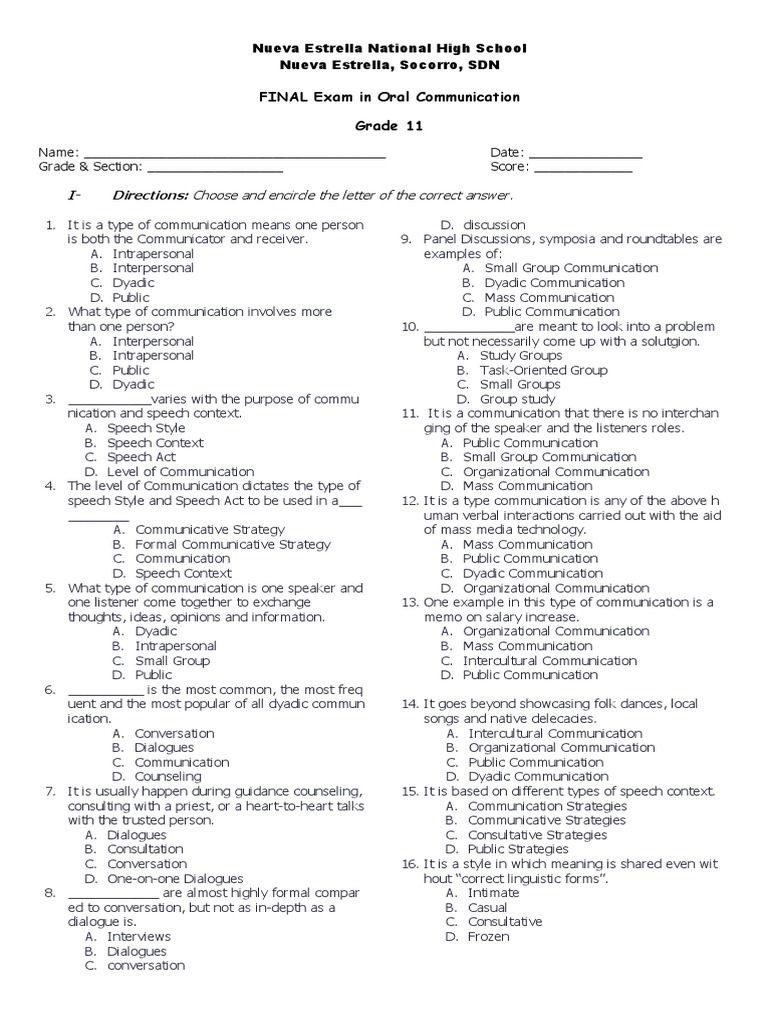 Grade 11 Oral Communication Final Exam | PDF | Conversation | Nonverbal ...