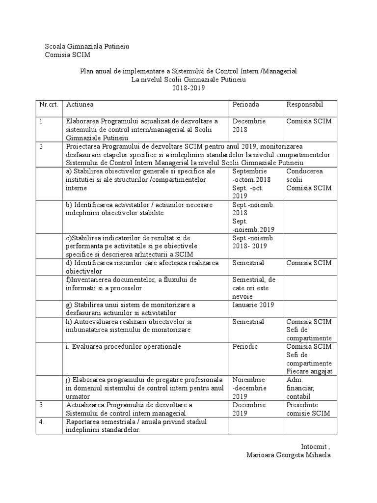 Plan Anual Implementare SCIM | PDF