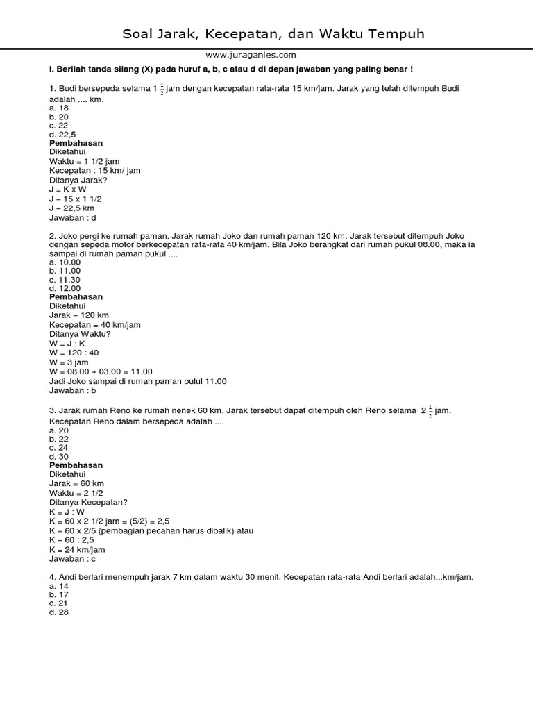 Contoh Soal Soal Matematika Kelas 5 Jarak Kecepatan Waktu