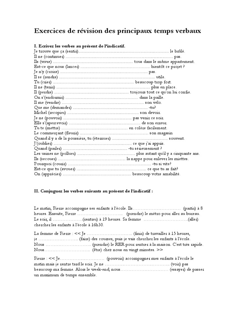 Exercice De Conjugaison Tous Les Temps Exercices de Révision Des Principaux Temps Verbaux | PDF