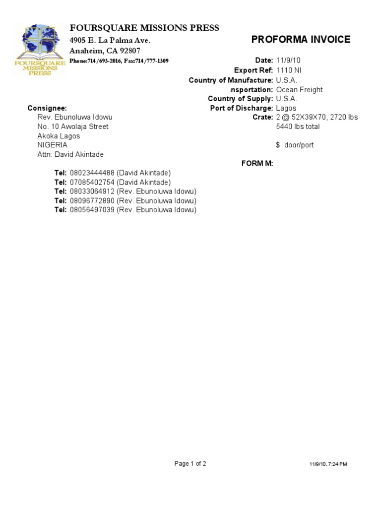 Form M Invoice for Foursquare Nigeria | PDF | Cargo | Trade