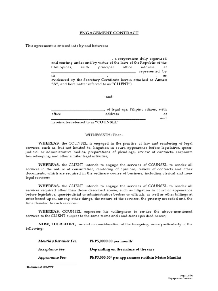 Engagement Agreement PDF Practice Of Law Lawyer