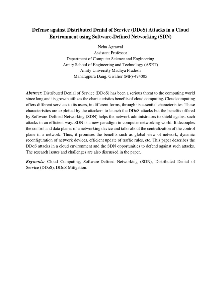 Defense Against Distributed Denial of Service (Ddos) Attacks in A Cloud ...