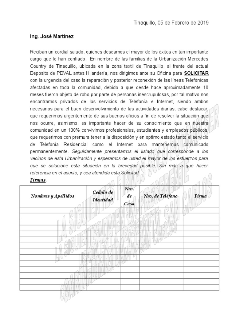 Carta Dirigida A Cantv Para Solicitar Reparacion De Averias Pdf