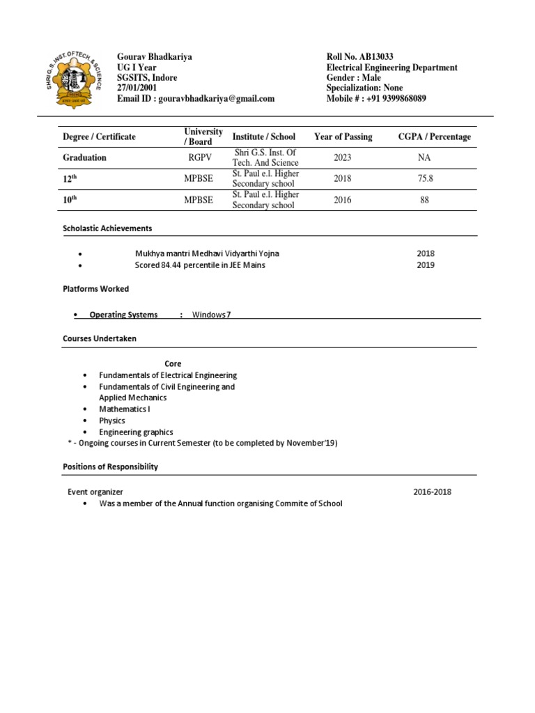 Engineering Student Profile | PDF