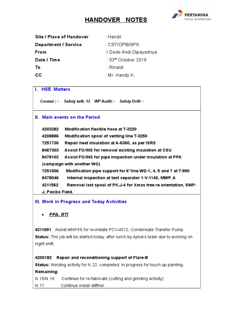 Handover Notes for CST/OPB/SPS Team | PDF | Chemical Process ...