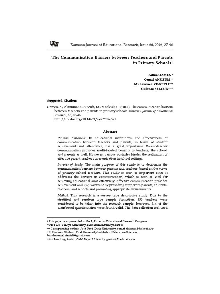 The Communication Barriers Between Teachers and Parents in Primary ...