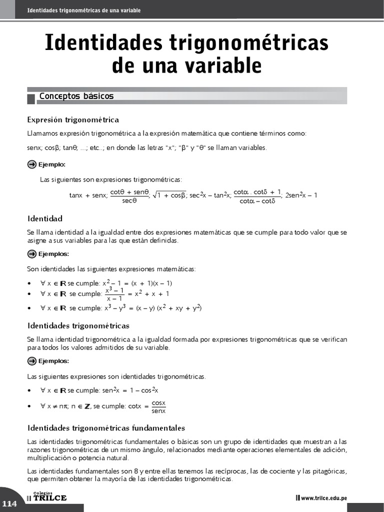 Identidades Trigonometricas Pdf Trigonometria Funciones Trigonometricas