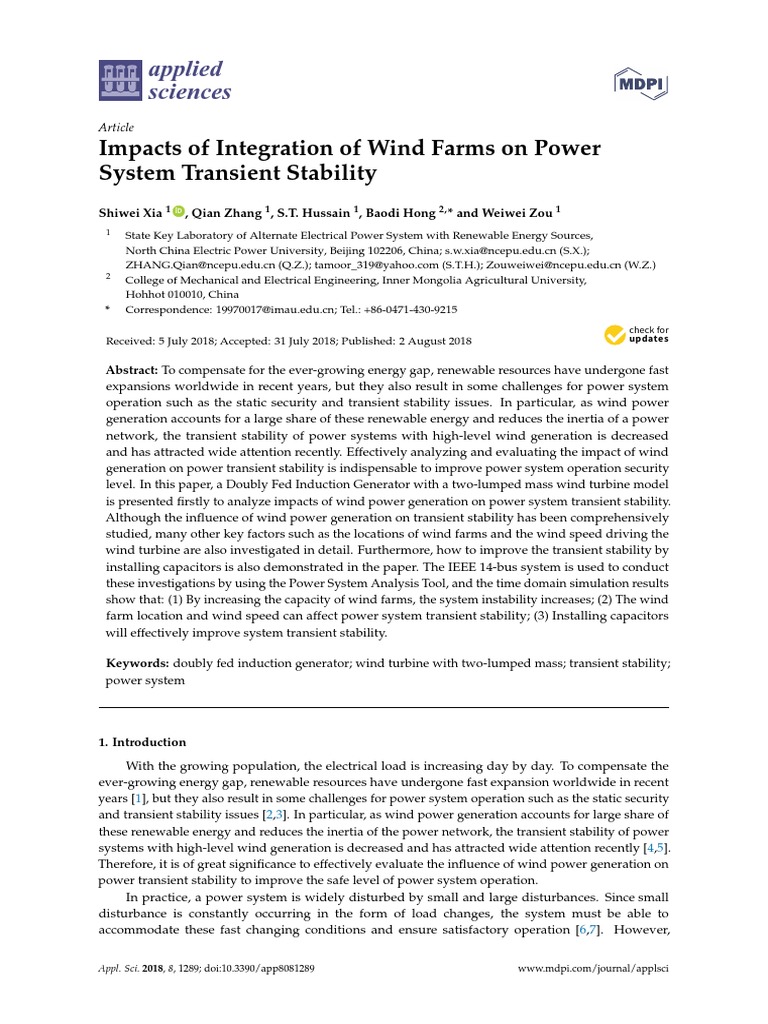 Applied Sciences: Impacts of Integration of Wind Farms On Power System ...