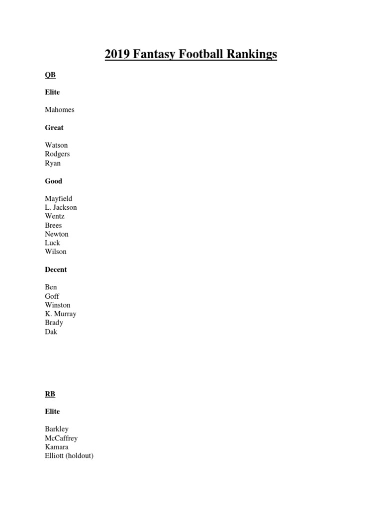 2019 Fantasy Football Ranks | PDF