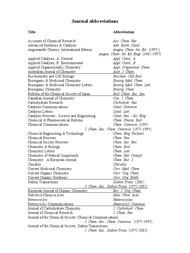 Journal Abbreviations | PDF | Organic Chemistry | Chemistry