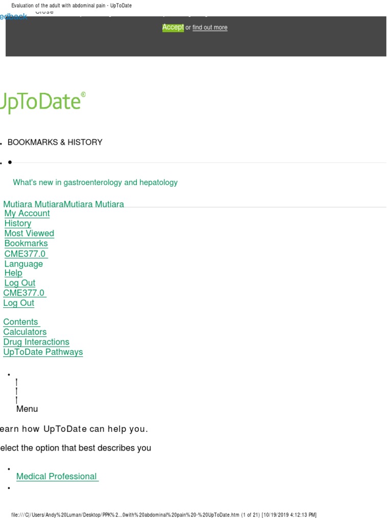 (HLMN 519) Evaluation of The Adult With Abdominal Pain UpToDate