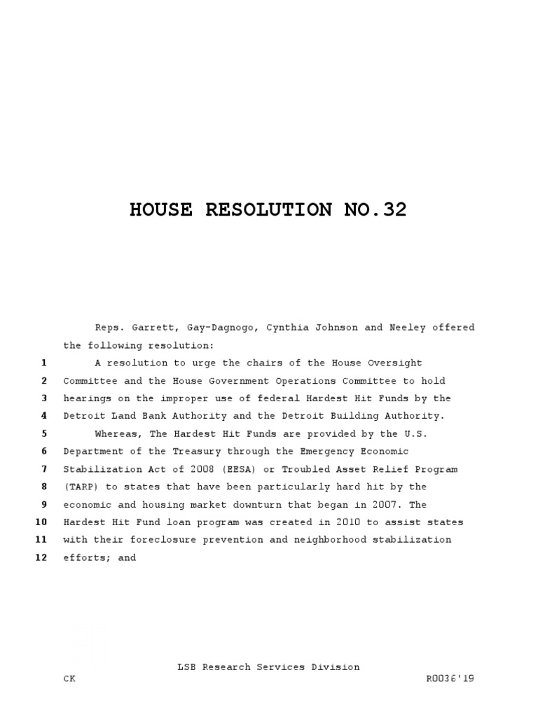 Michigan House Resolution 2019HIR0032 Requesting Detroit Land Bank