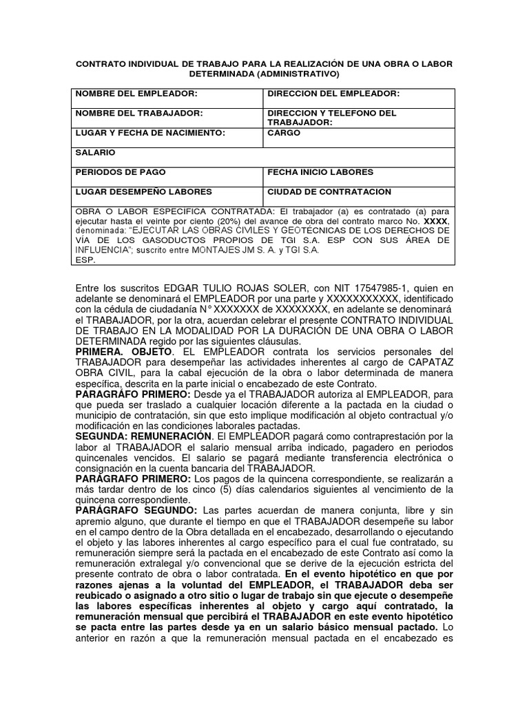Contrato Obra o Labor Administrativo | PDF | Salario | Derecho laboral