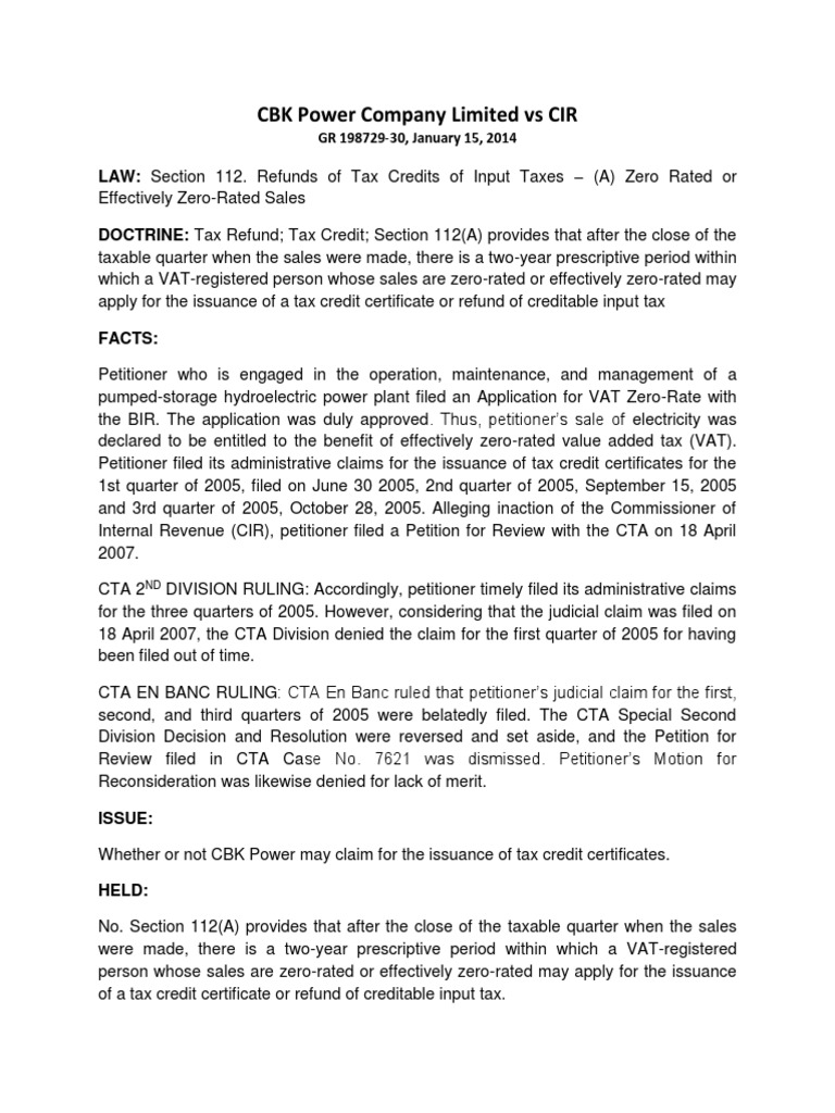 CBK Power Company Limited Vs CIR | PDF | Value Added Tax | Tax Credit