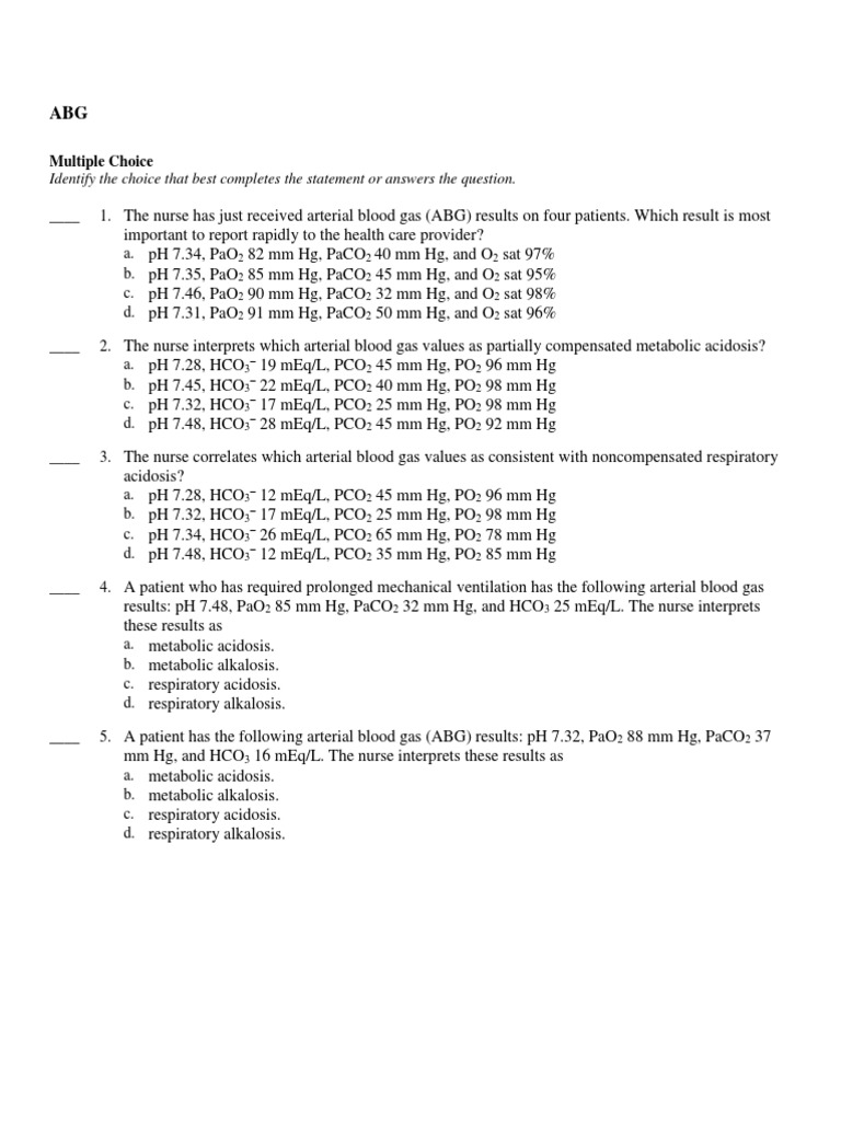 ABG Interpretation Multiple Choice Quiz | PDF