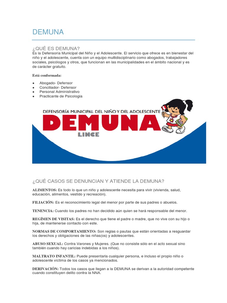 ¿Qué es la DEMUNA y sus funciones? | PDF | Abuso infantil | Adolescencia