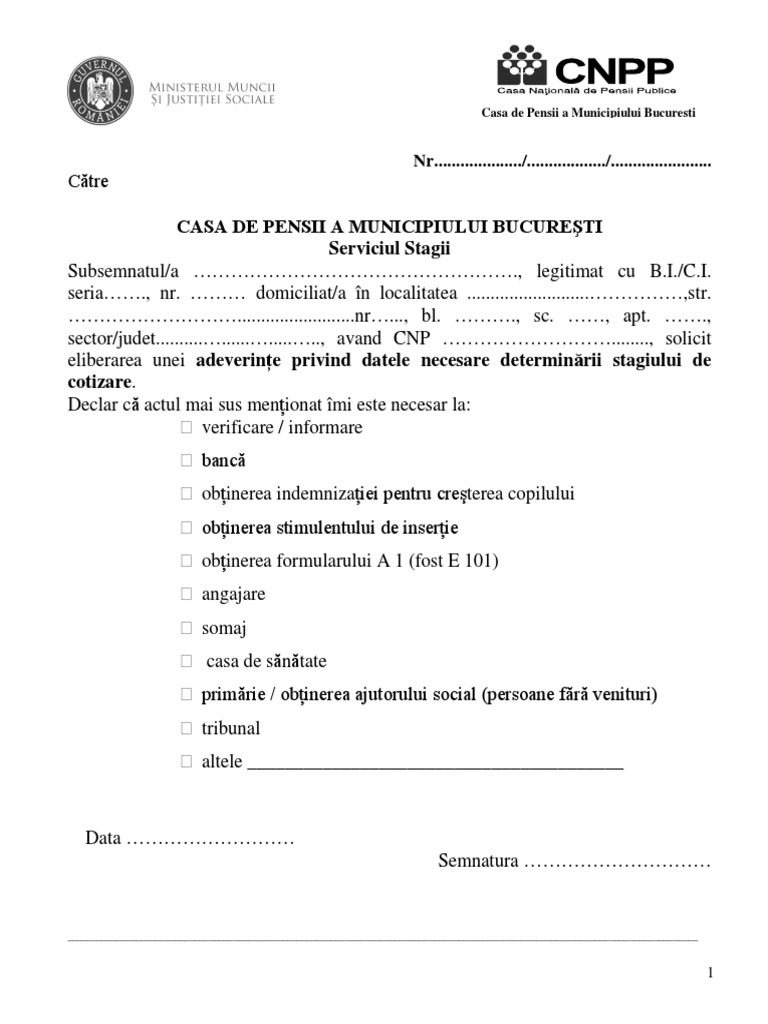 Cerere Stagiu Cotizare Pensii