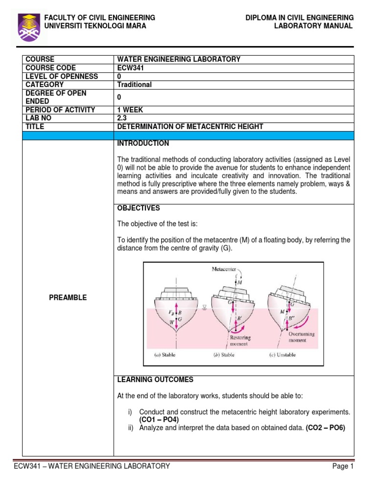 Metacentric Height Determination Lab | PDF | Buoyancy | Physics