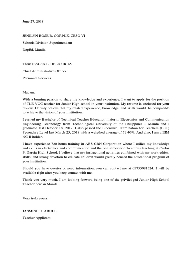 application letter in deped