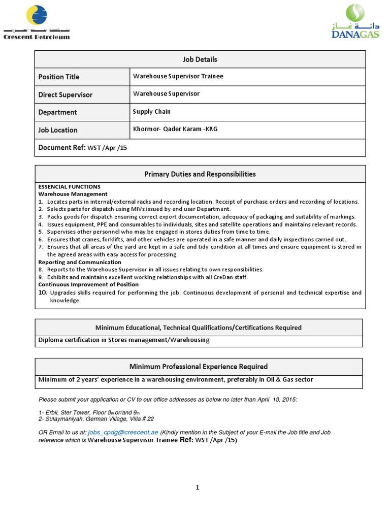 Warehouse Supervisor Trainee Role | PDF