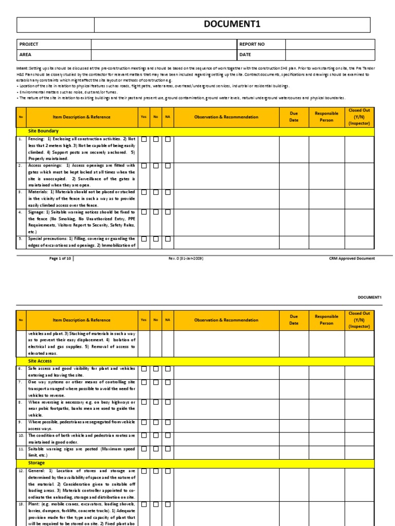 Site Establishment Inspection | PDF | First Aid | Fires