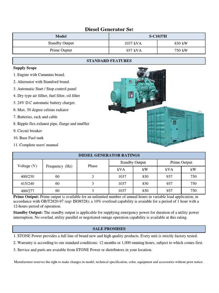 Diesel Generator Specifications and Features | PDF | Engines | Components