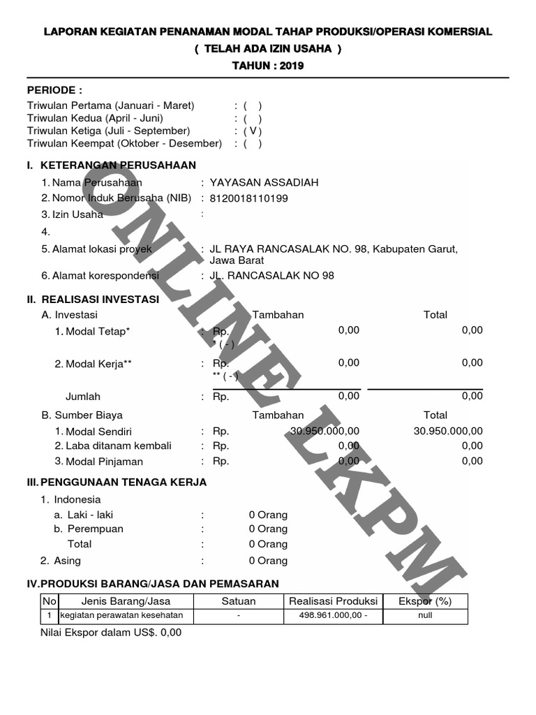 Laporan Kegiatan Penanaman Modal Tahap Produksi Operasi Komersial Telah Ada Izin Usaha