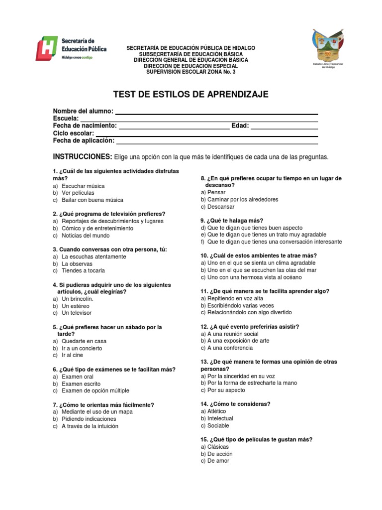 Test Estilos de Aprendizaje | PDF | Educación primaria | Educación avanzada