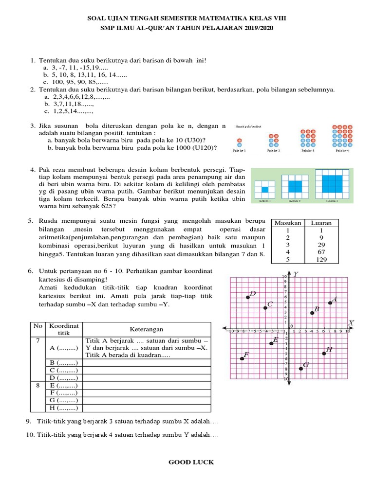 Soal Ujian Tengah Semester Matematika Kelas Viii
