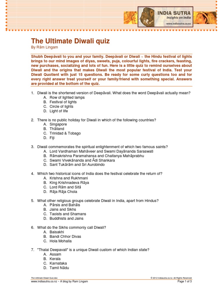 The Ultimate Diwali Quiz PDF Rama Indian Religions