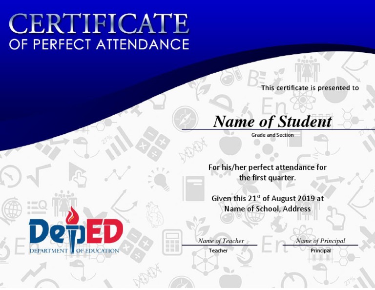 Sample Perfect Attendance Certificate Deped