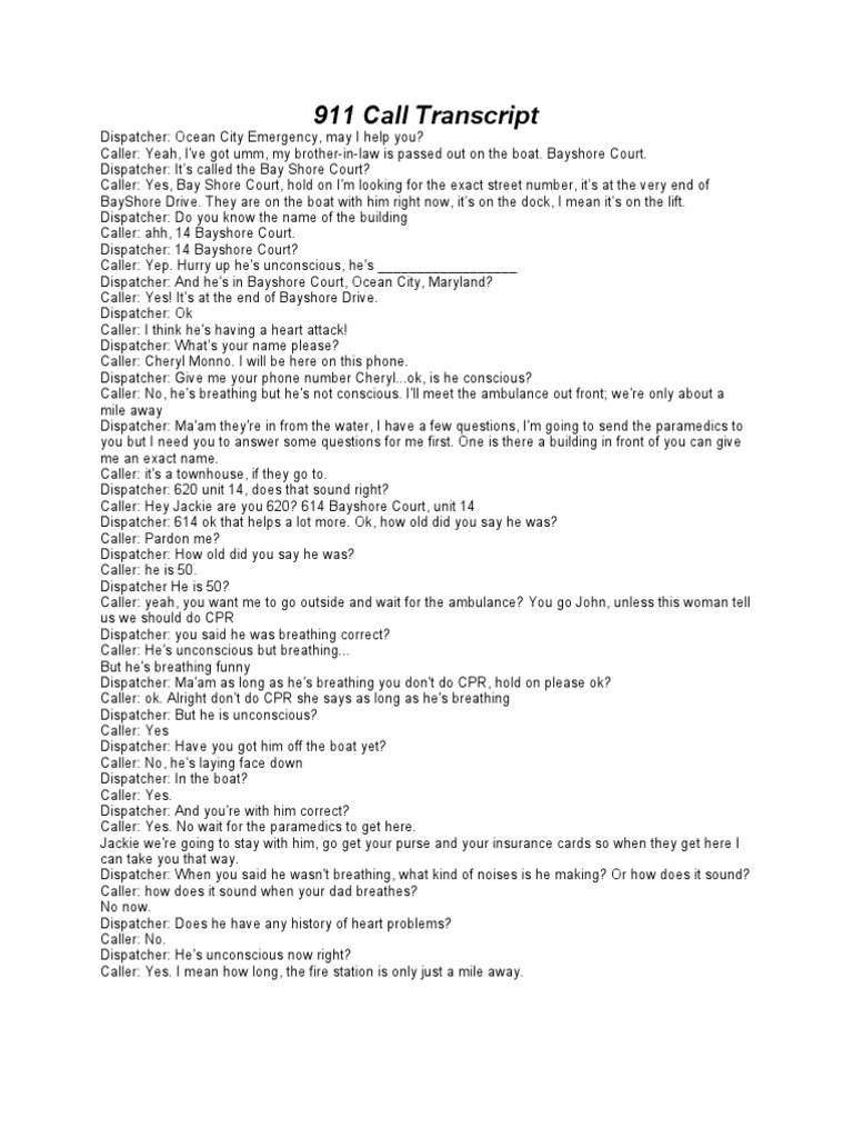 911 Call Transcript | Dispatcher | 9 1 1