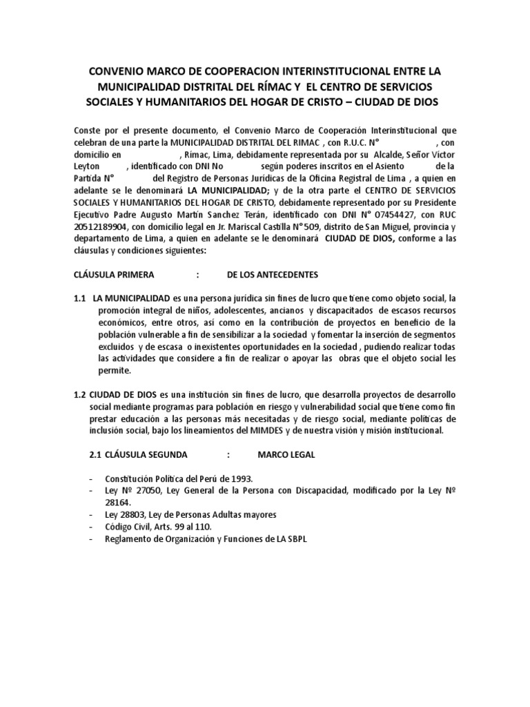 Convenio Municipalidad Del Rímac - Ciudad de Dios | PDF | Organización ...