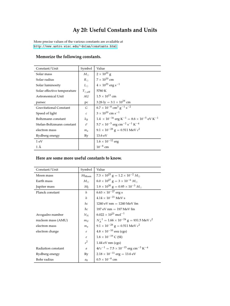 Constants and Units for Astronomy | PDF | Teaching Methods & Materials ...