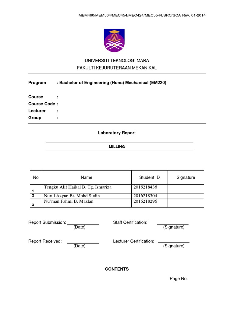 Lab Report Format Milling PDF