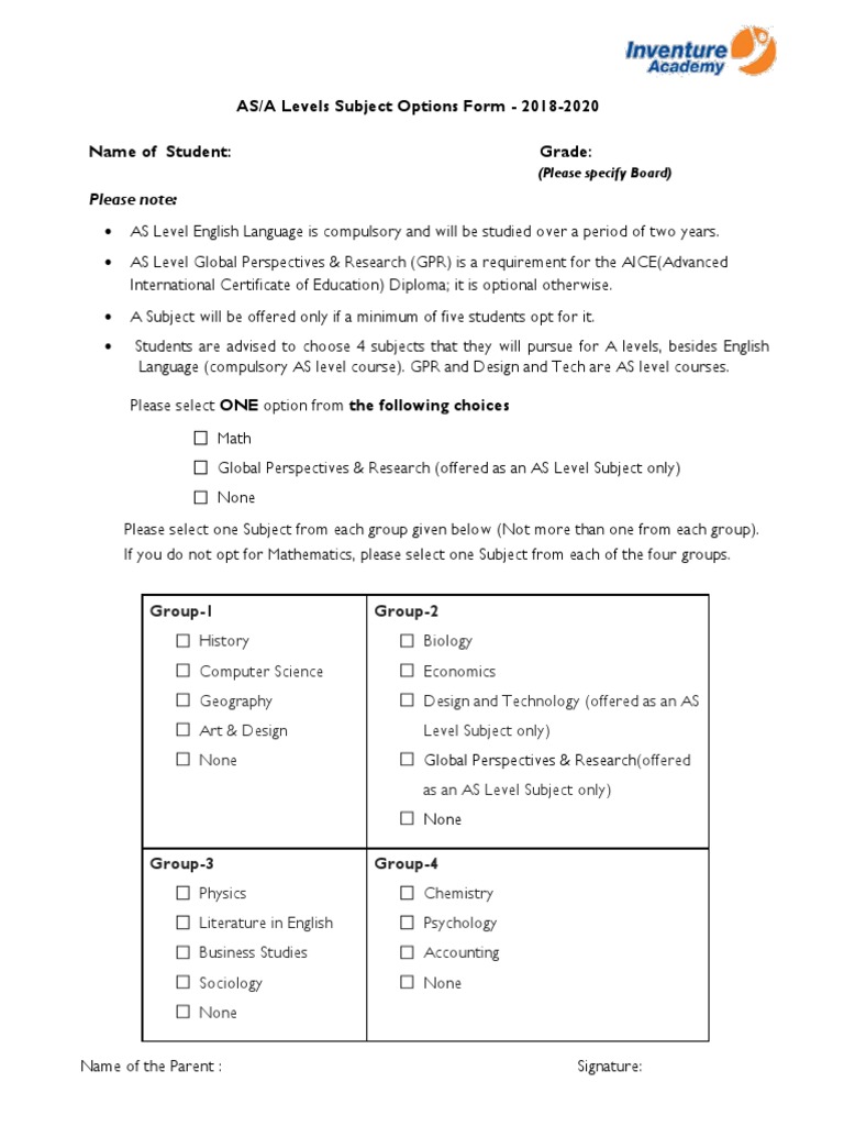 A Level Subject Options Form 2018-2020 | PDF