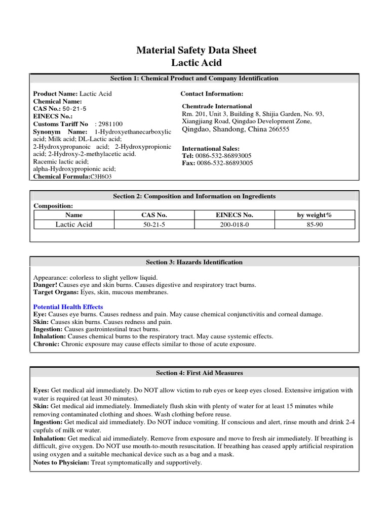 Material Safety Data Sheet Lactic Acid Qingdao, Shandong, China