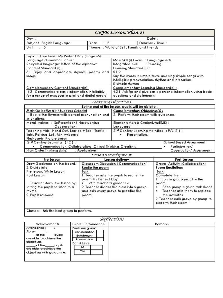 CEFR English Lesson Plan for Year 2 | PDF | Lesson Plan | Curriculum