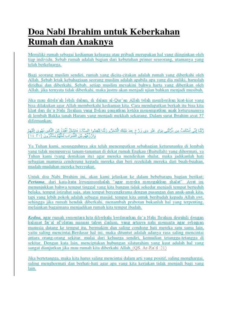 Doa nabi ibrahim untuk keberkahan rumah dan anaknya pdf