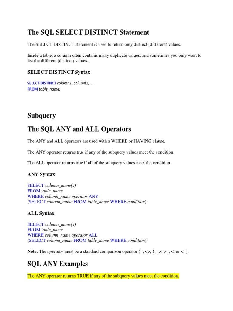The SQL Select Distinct Statement | PDF | Table (Database) | Sql