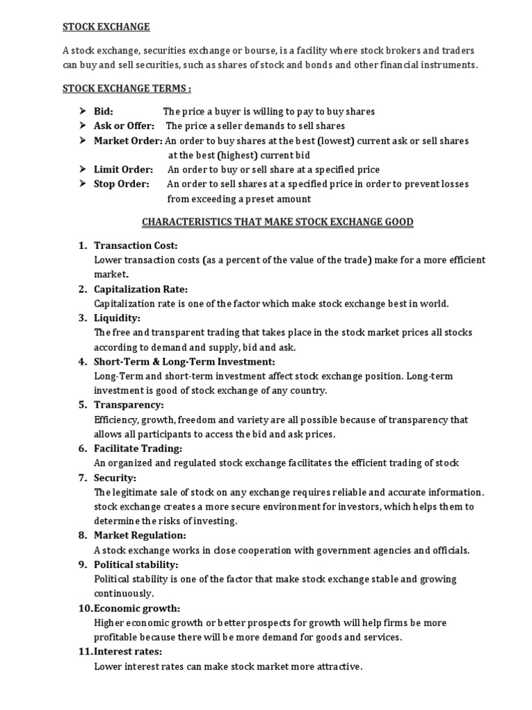 Stock Exchange Characteristics | PDF | Order (Exchange) | Stocks