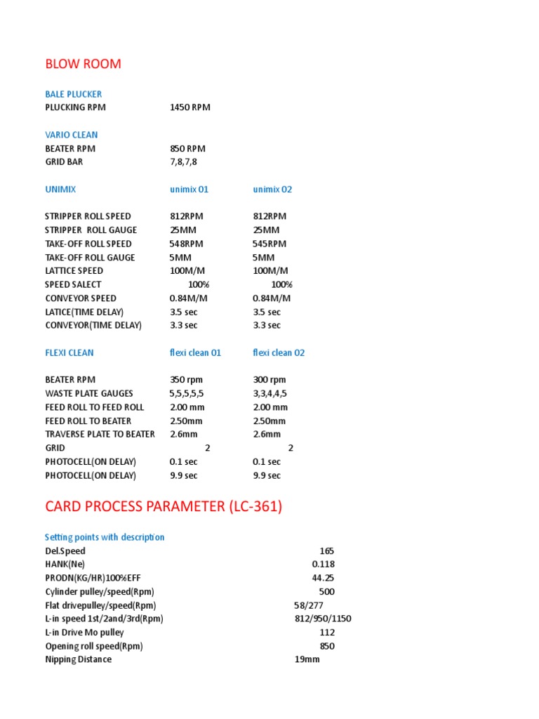 Textile Machine Parameters Overview | PDF | Technology & Engineering