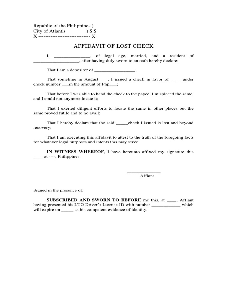 Affidavit Of Lost Check Pdf