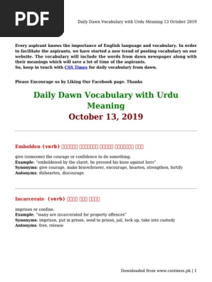 Daily Dawn Vocabulary With Urdu Meaning 13 October 19 Pdf Lexicology Lexical Semantics