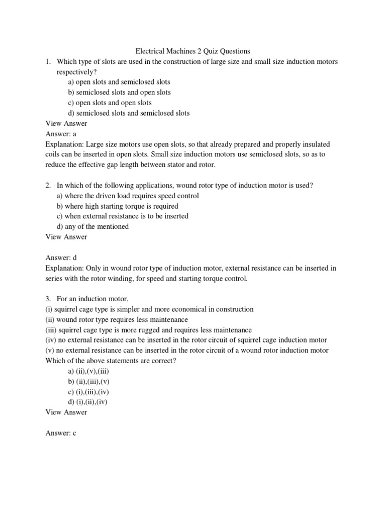Em2 Quiz With Answer PDF Electric Motor Electrical Components